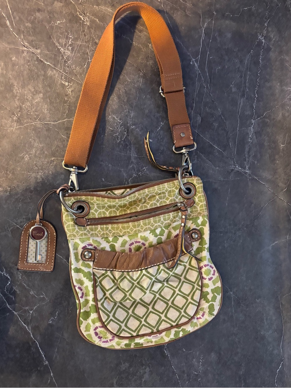 Fossil Green Patterned Crossbody with Brown Trim